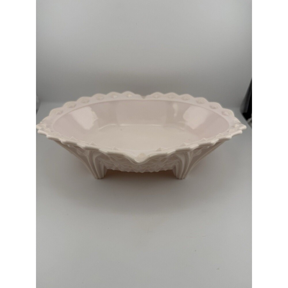 Vintage Jeannette Shell Pink Milk Glass Footed Embossed Scalloped Bowl